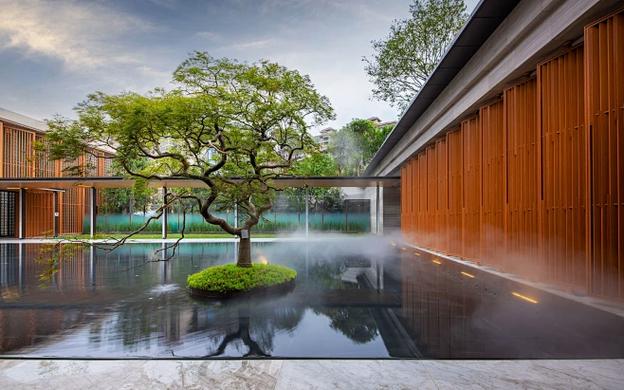 珠海卓越唐家墅 展示区 现代禅意 庭院空间 镜面水景 树池 格栅屏风