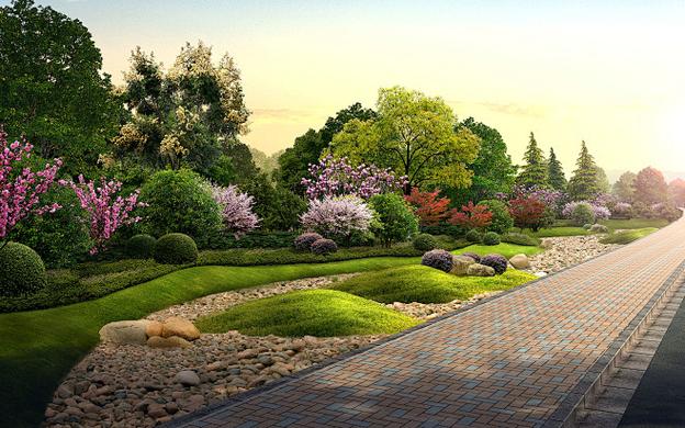 园林道路景观设计效果图植物绿化车行道高速公路psd后期分层素材淘宝